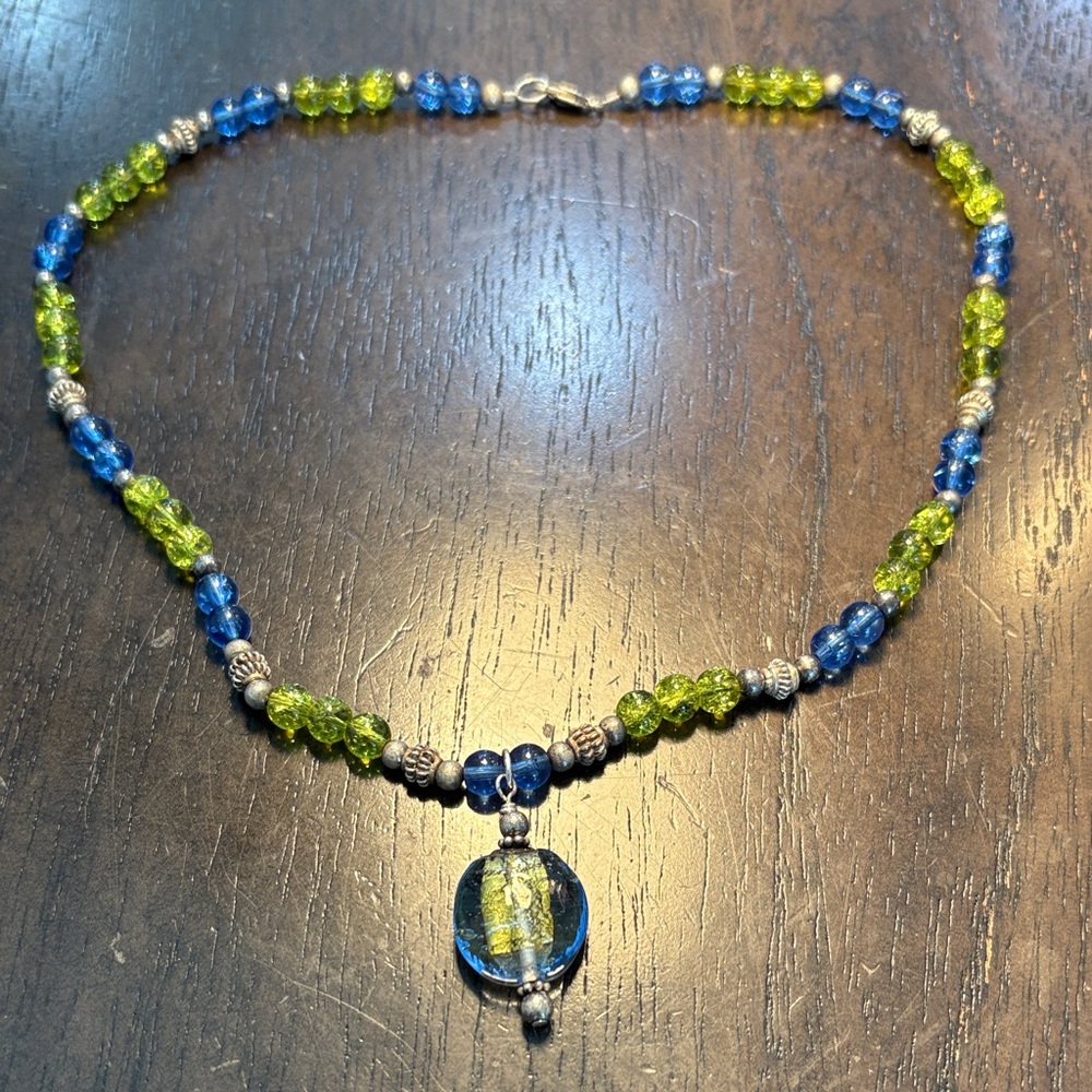 Vibrant Blue and Green Beaded Necklace with Silver Accents